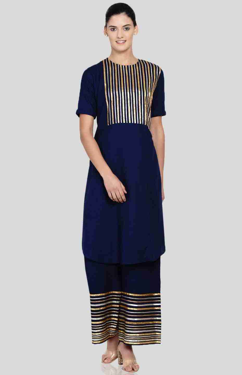 Navy Blue Barcode Asymmetrical Kurta
