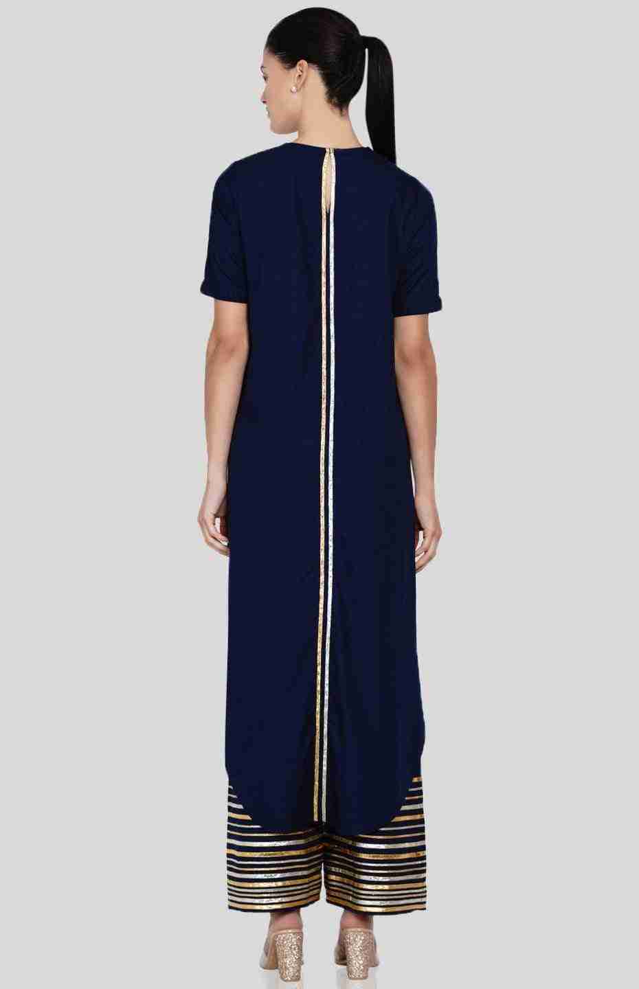 Navy Blue Barcode Asymmetrical Kurta