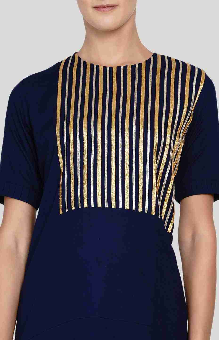 Navy Blue Barcode Asymmetrical Kurta
