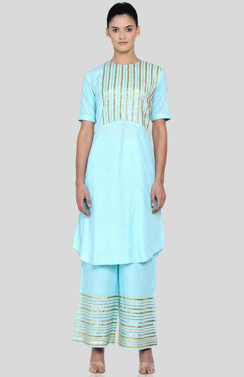 Pastel Barcode Blue Asymmetrical Kurta