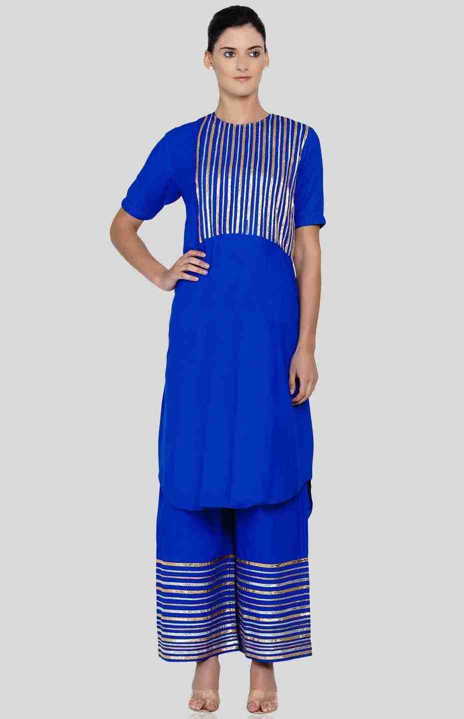 Royal Blue Barcode Asymmetrical Kurta