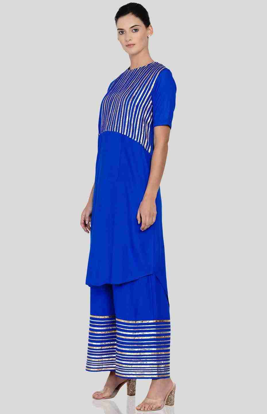 Royal Blue Barcode Asymmetrical Kurta
