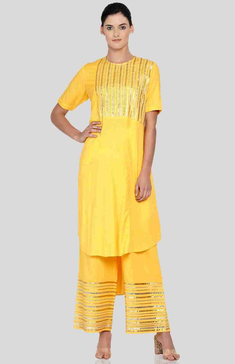 Yellow Barcode Asymmetrical Kurta