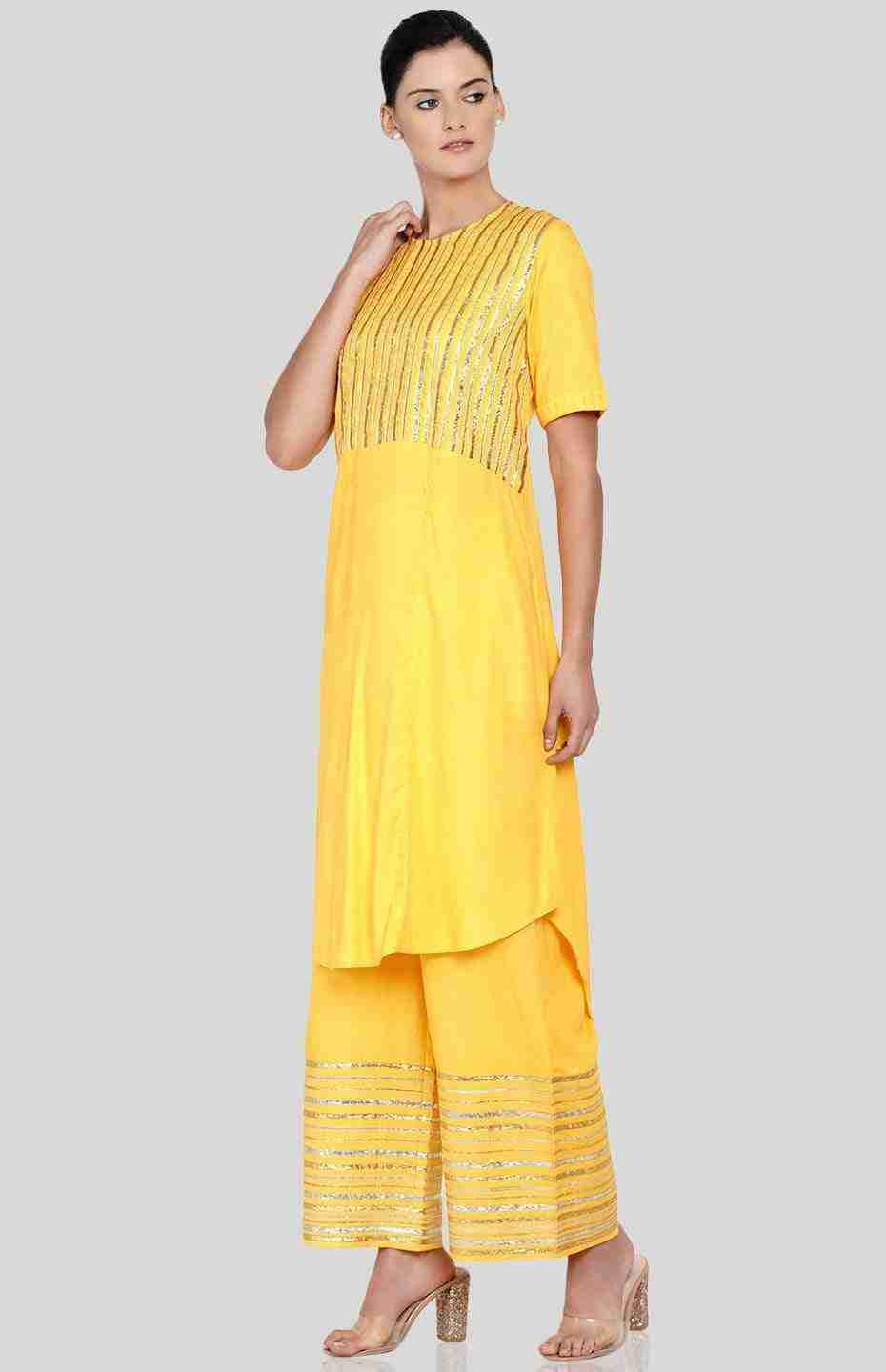 Yellow Barcode Asymmetrical Kurta