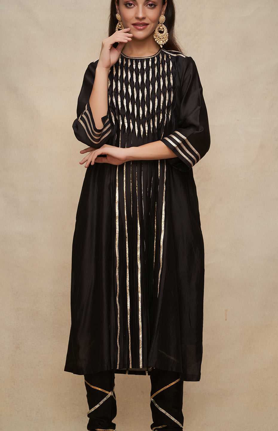 Black Gota Pleated Kurta