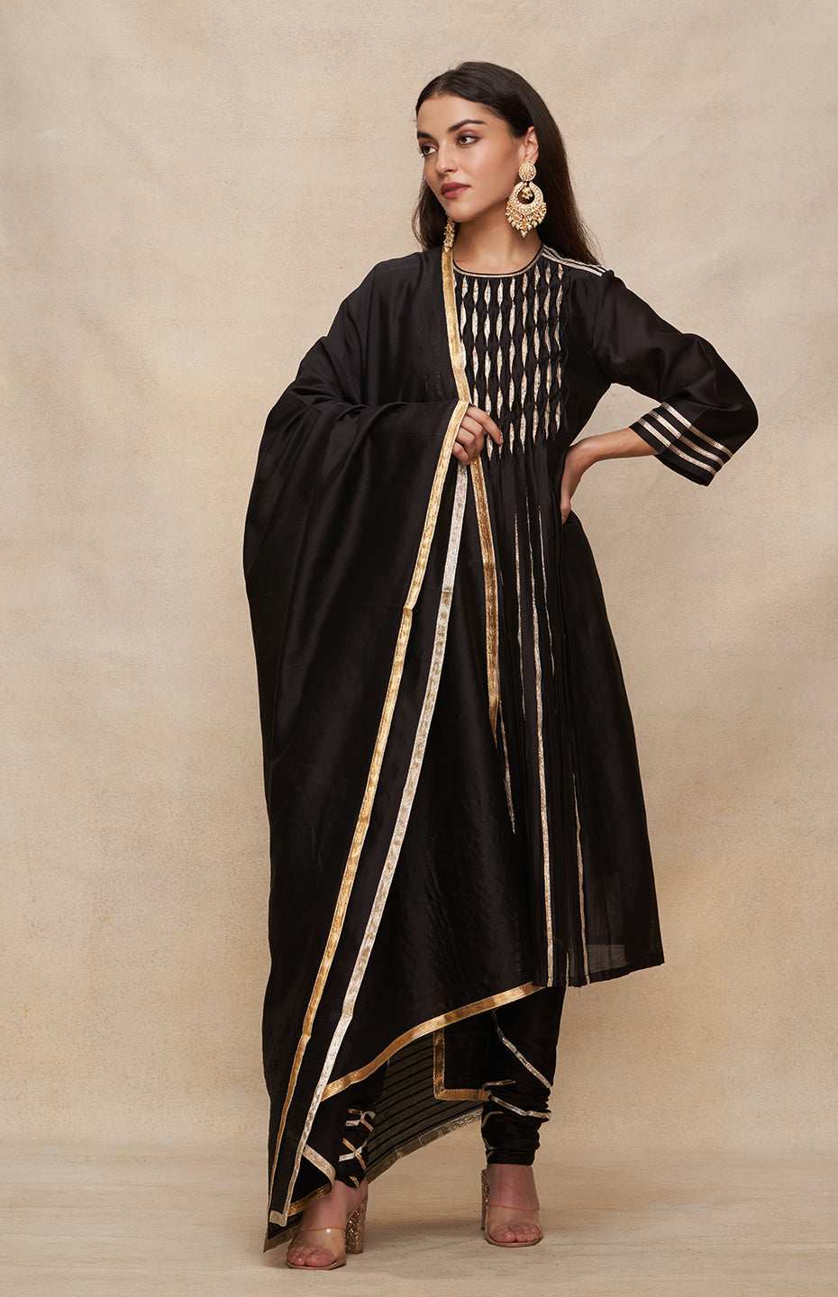 Black Gota Pleated Kurta