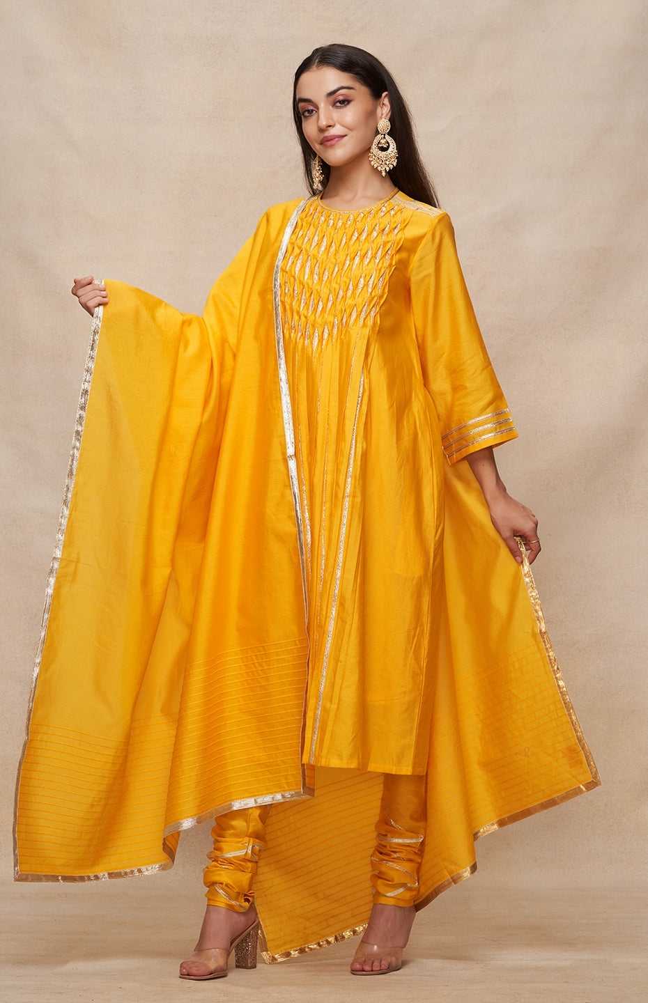 Mustard Gota Pleated Kurta