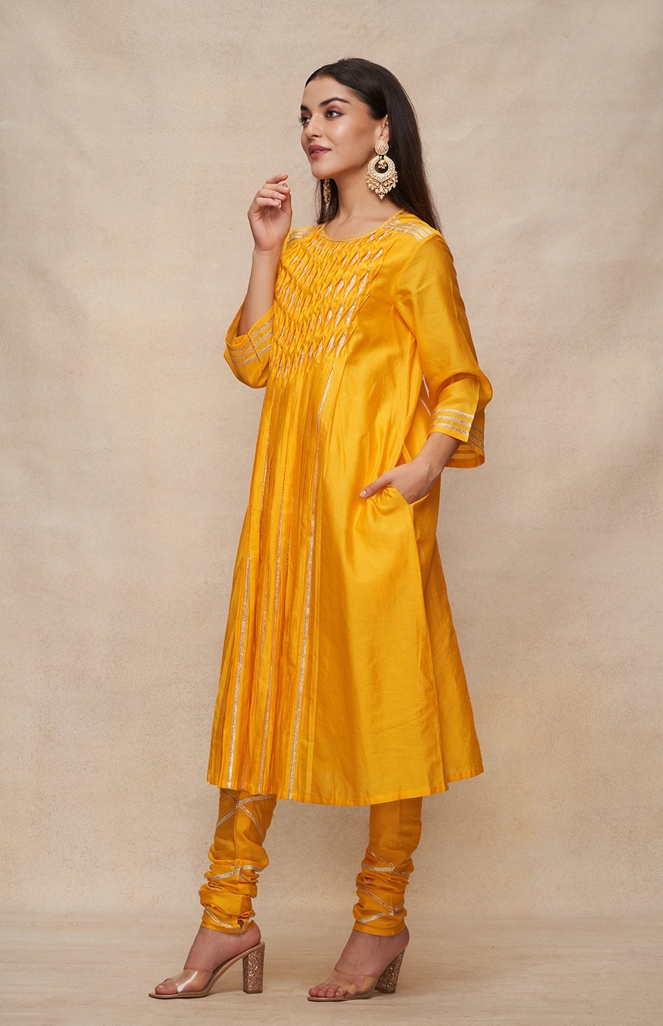 Mustard Gota Pleated Kurta