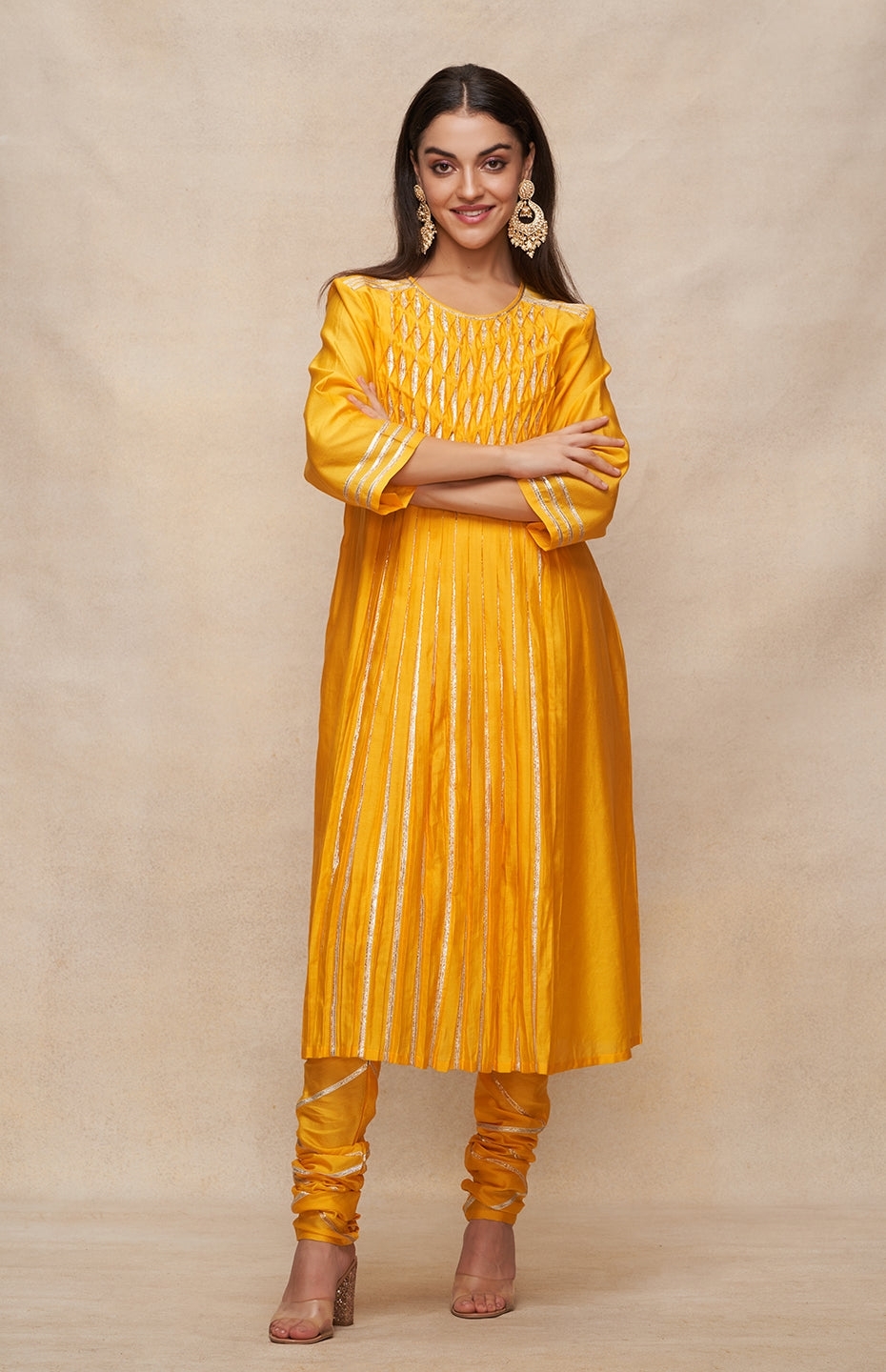 Mustard Gota Pleated Kurta