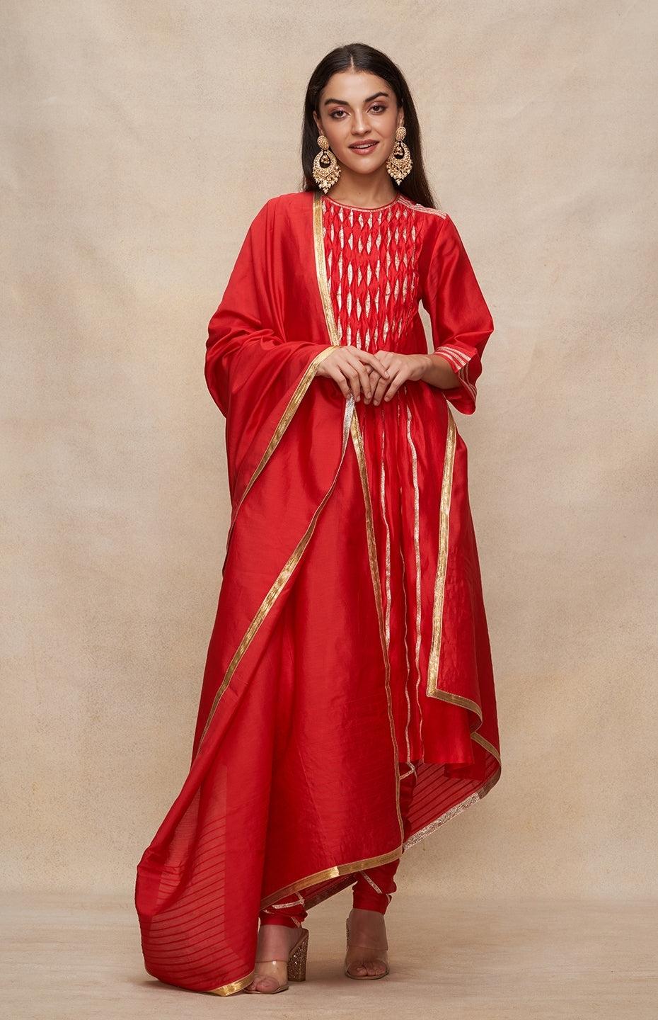 Red Gota Pleated Kurta