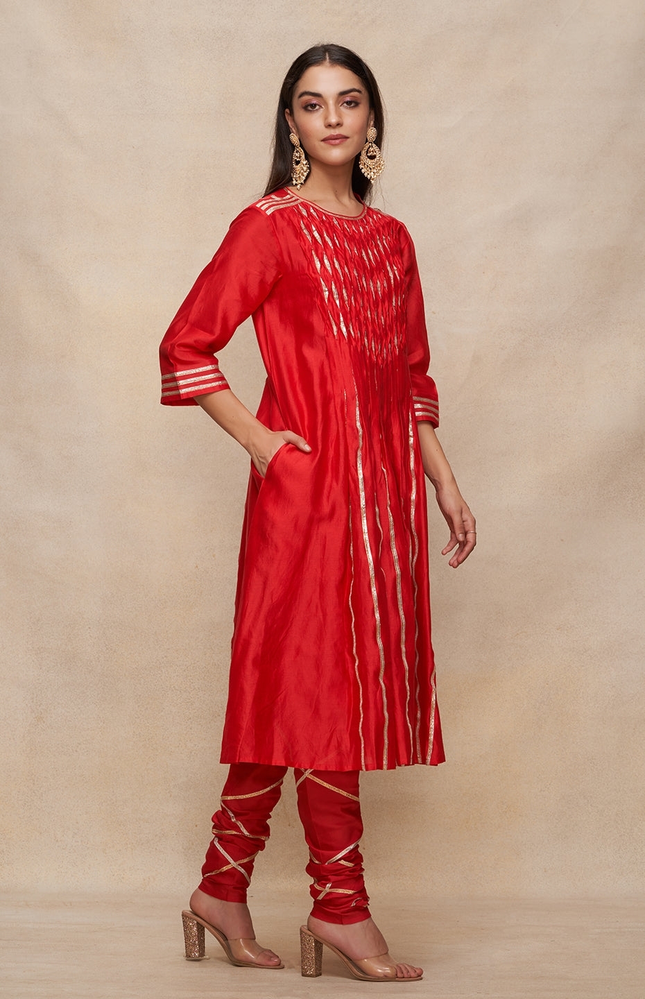 Red Gota Pleated Kurta