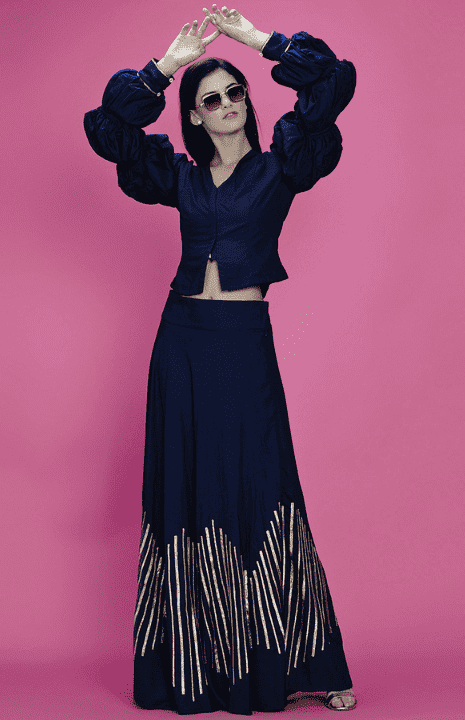 Navy Blue Barcode Balloon Sleeve Blouse