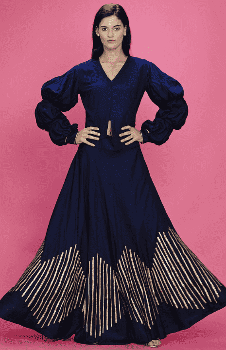 Navy Blue Barcode Balloon Sleeve Blouse