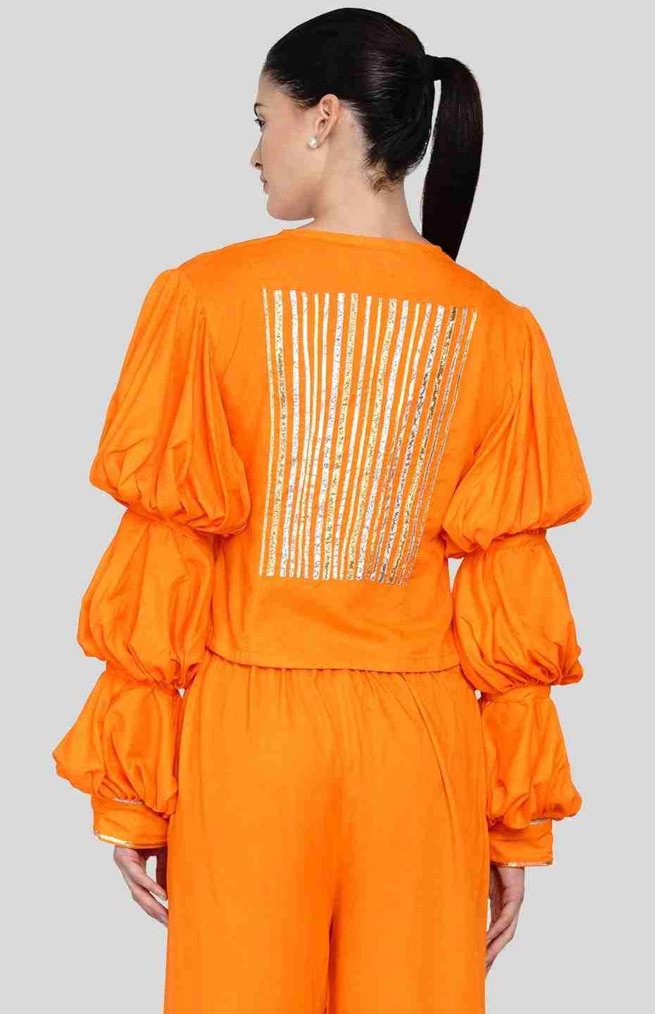 Orange Barcode Balloon Sleeve Blouse