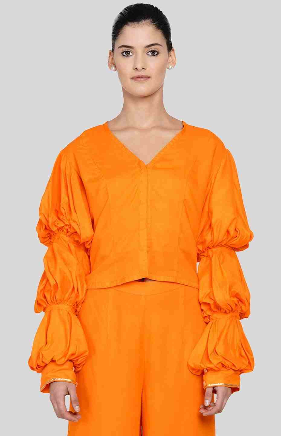 Orange Barcode Balloon Sleeve Blouse