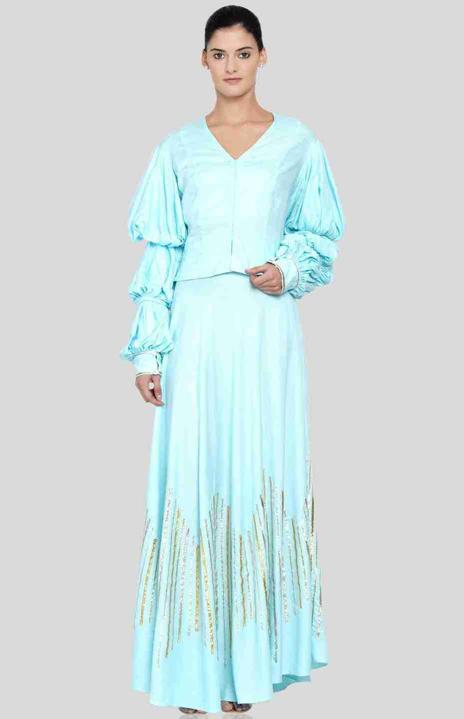 Pastel Blue Barcode Balloon Sleeve Blouse