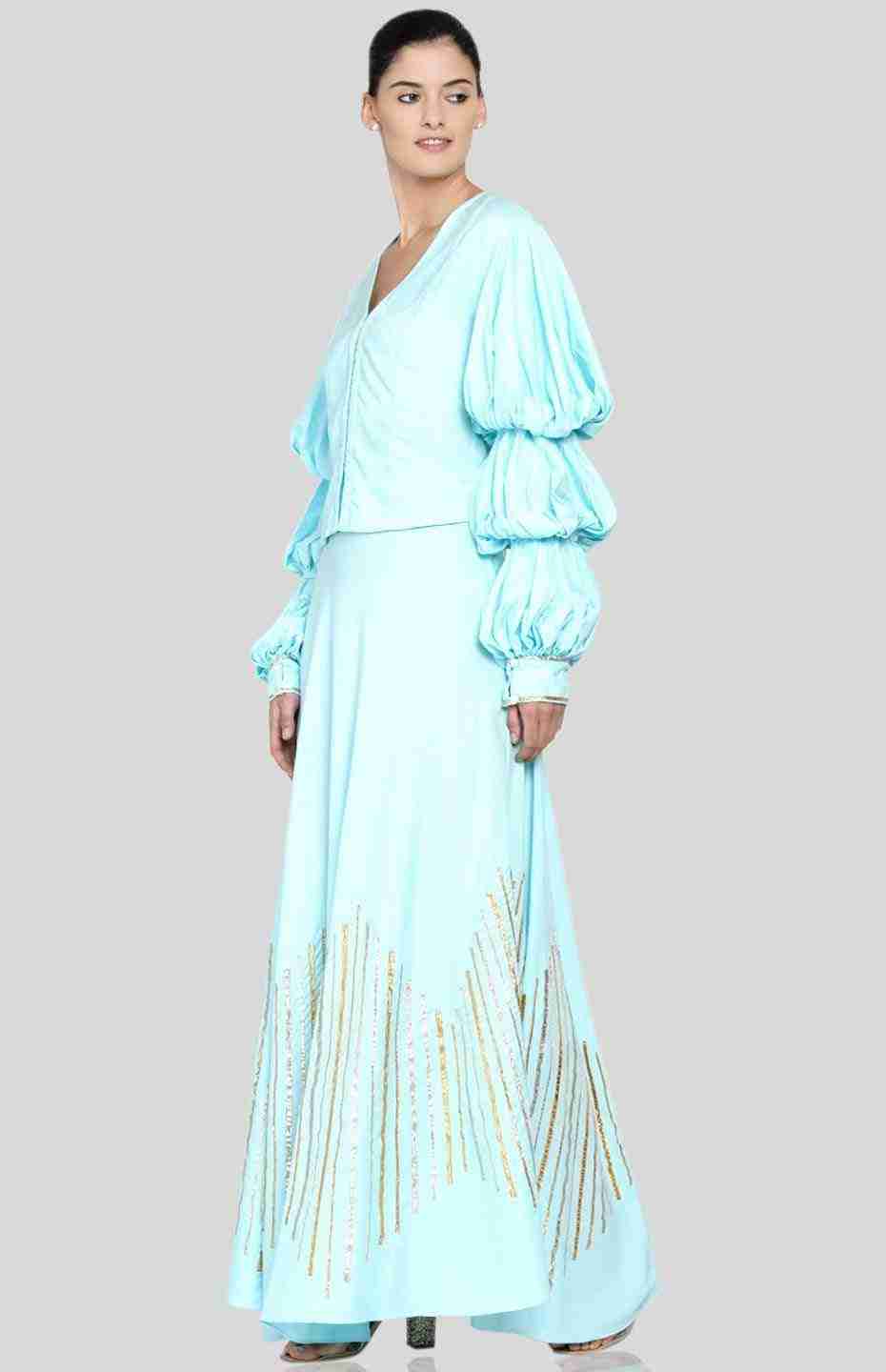 Pastel Blue Barcode Balloon Sleeve Blouse