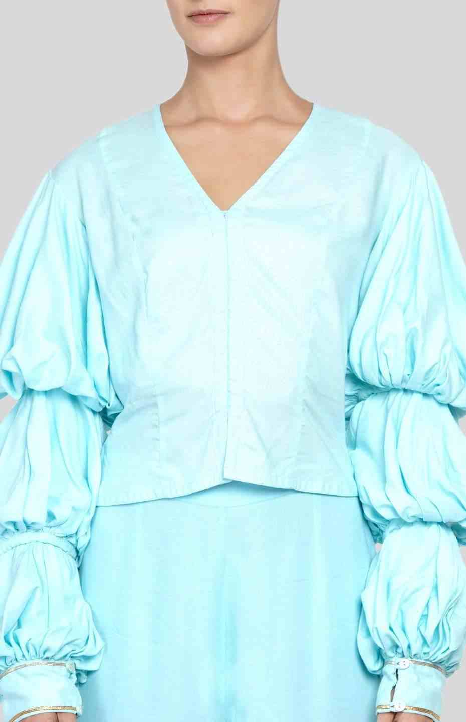 Pastel Blue Barcode Balloon Sleeve Blouse