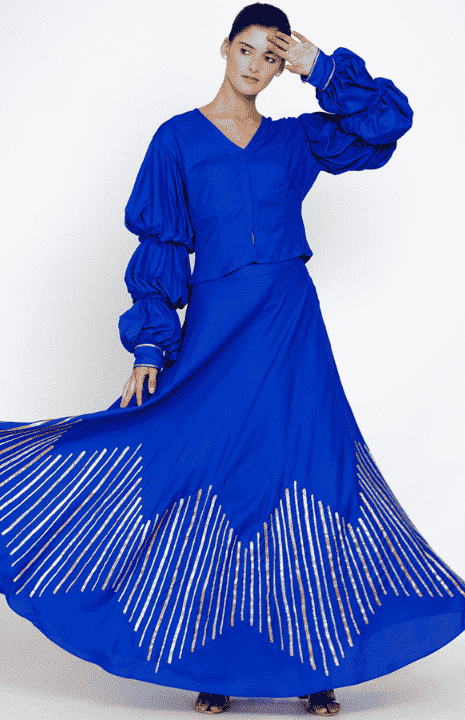 Royal Blue Barcode Balloon Sleeve Blouse