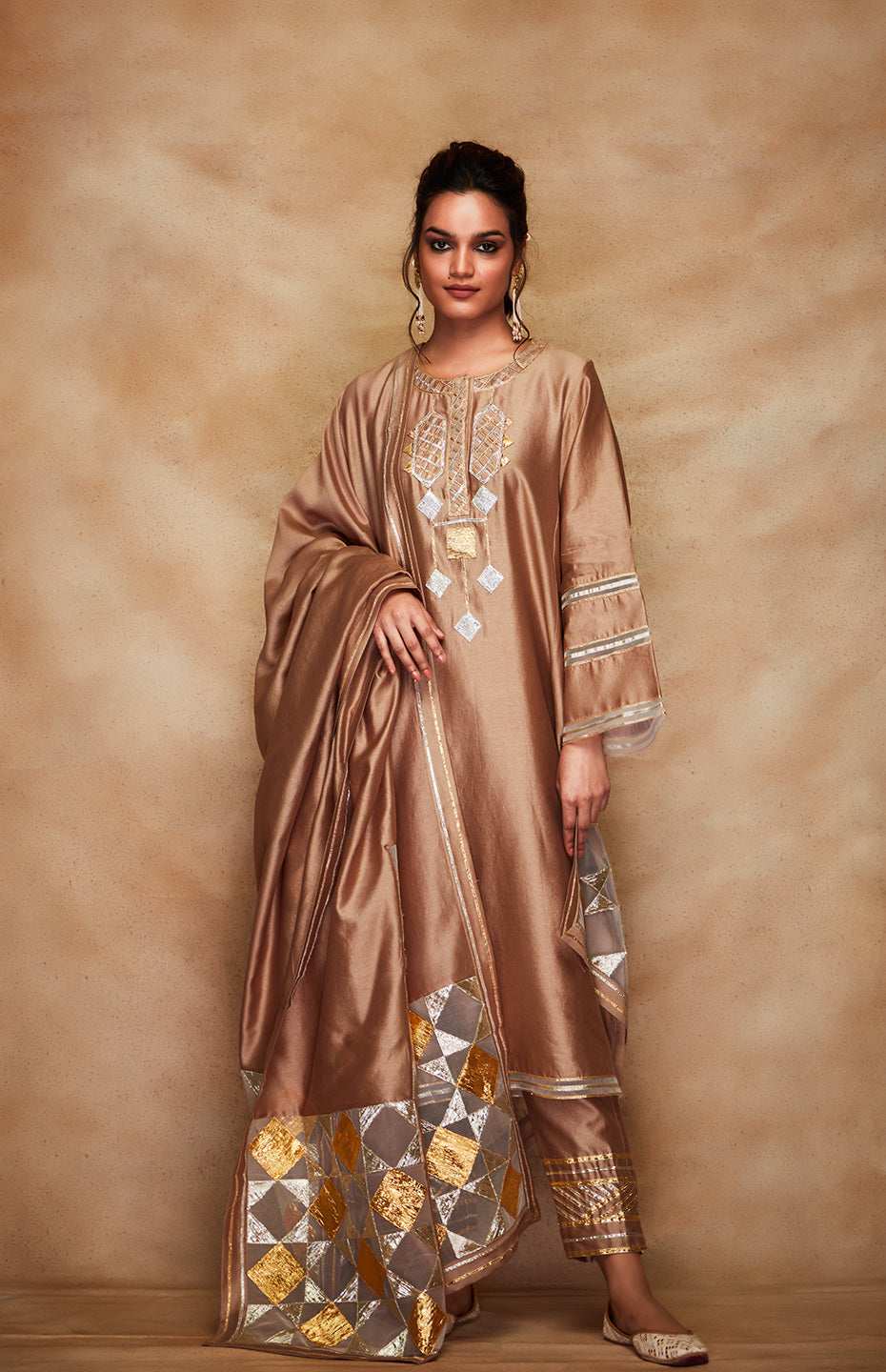 Antique Gold Chanderi Silk Gota Kali Kurta
