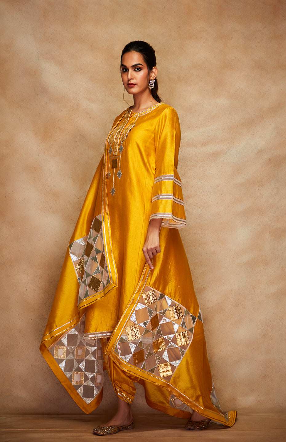 Mustard Chanderi Silk Gota Kali Kurta