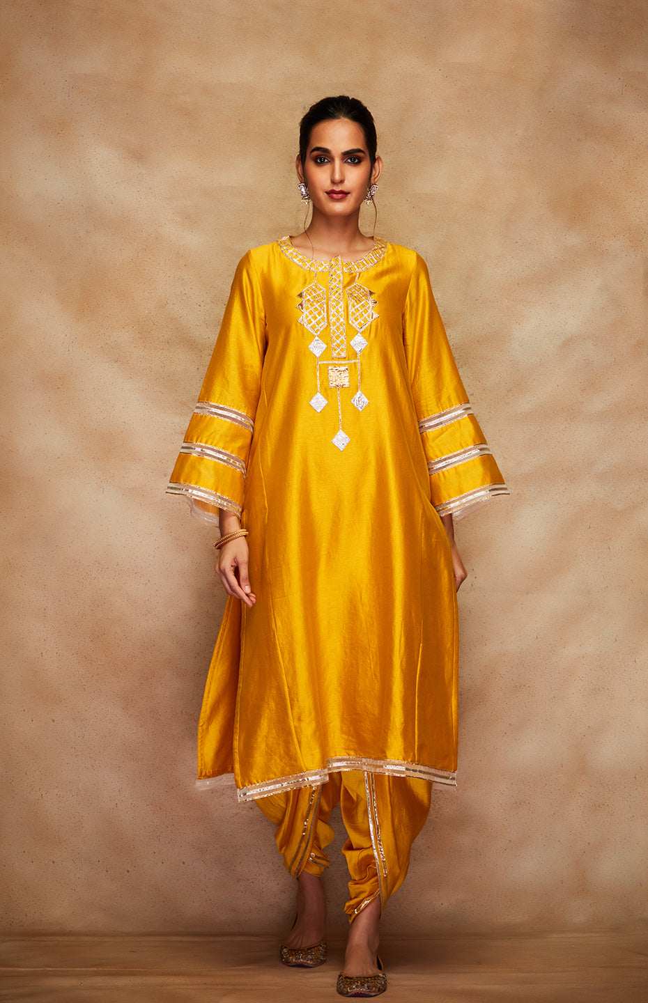 Mustard Chanderi Silk Gota Kali Kurta