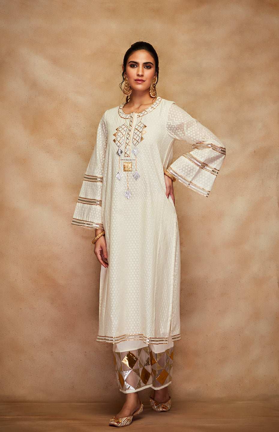 Off White Jamdani Gota Kali Kurta