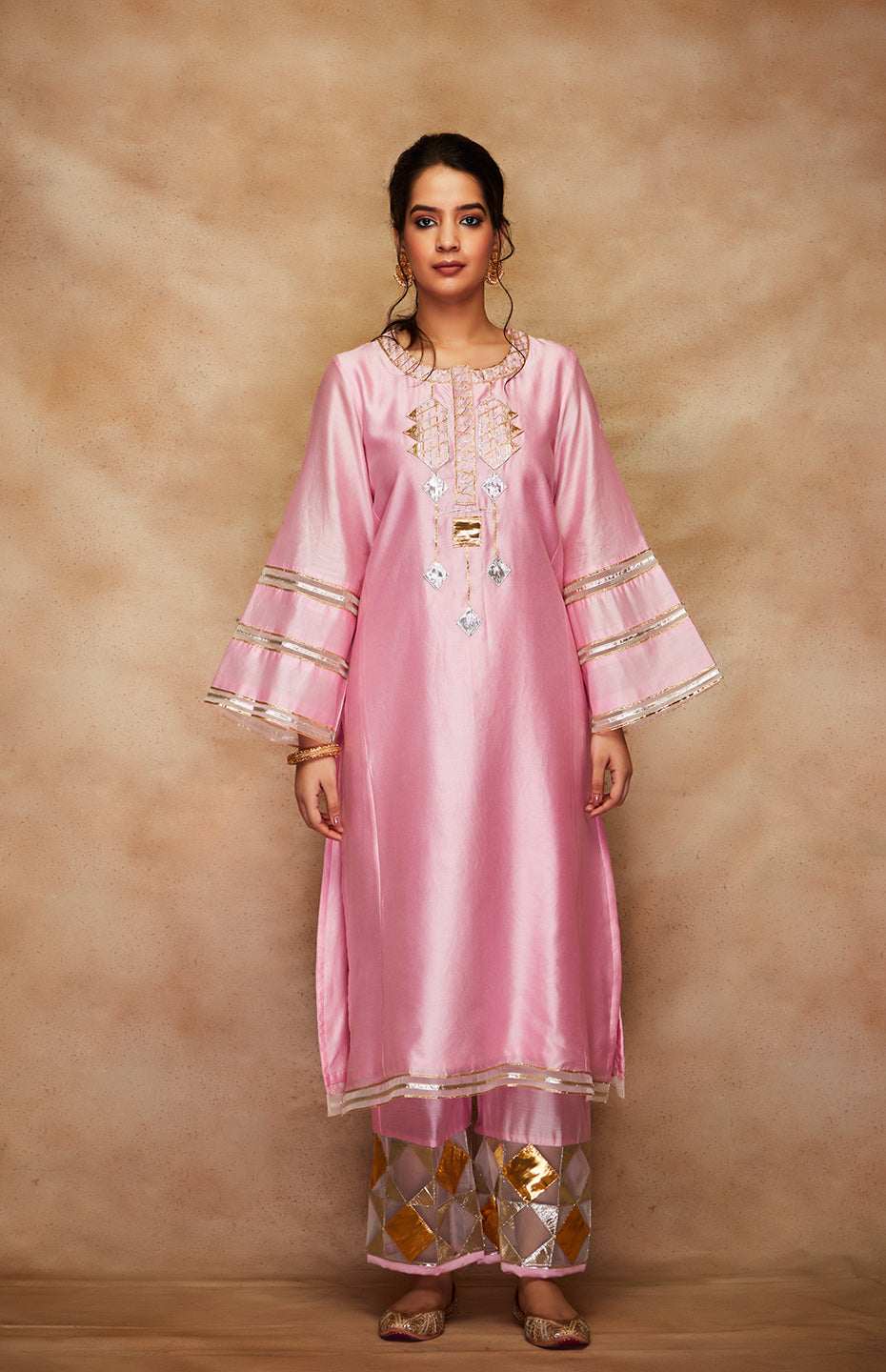 Pink Chanderi Silk Gota Kali Kurta
