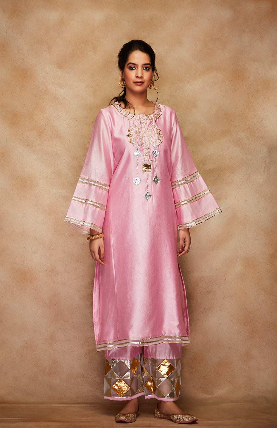 Pink Chanderi Silk Gota Kali Kurta
