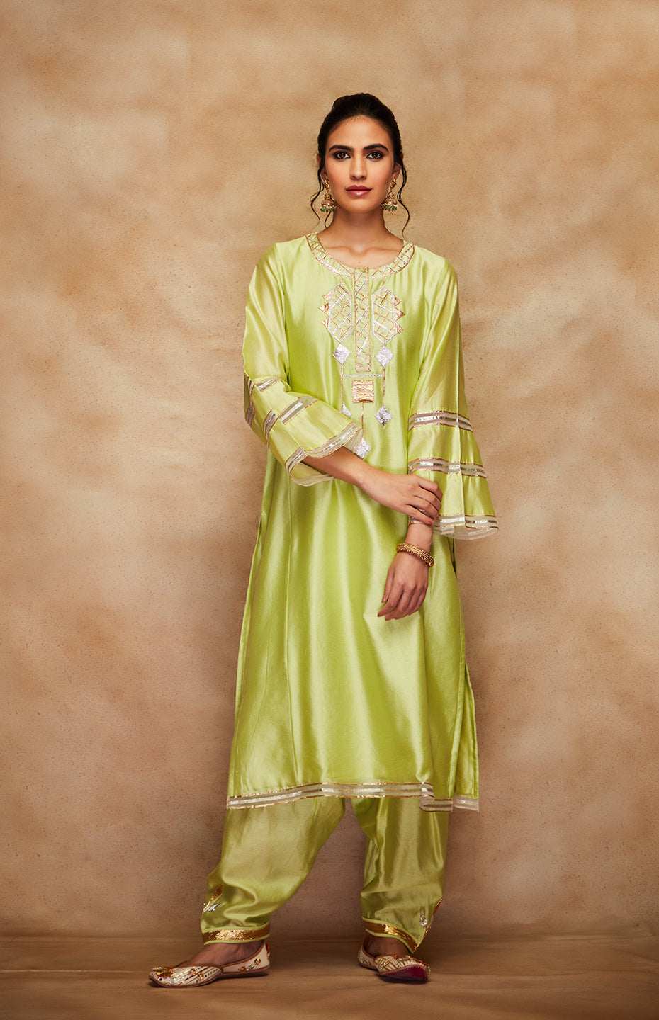 Pista Green Chanderi Silk Gota Kali Kurta