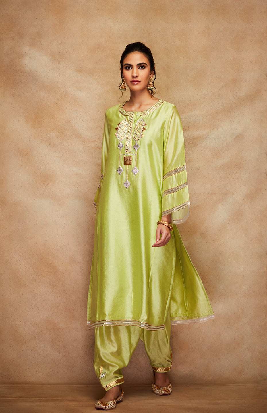 Pista Green Chanderi Silk Gota Kali Kurta