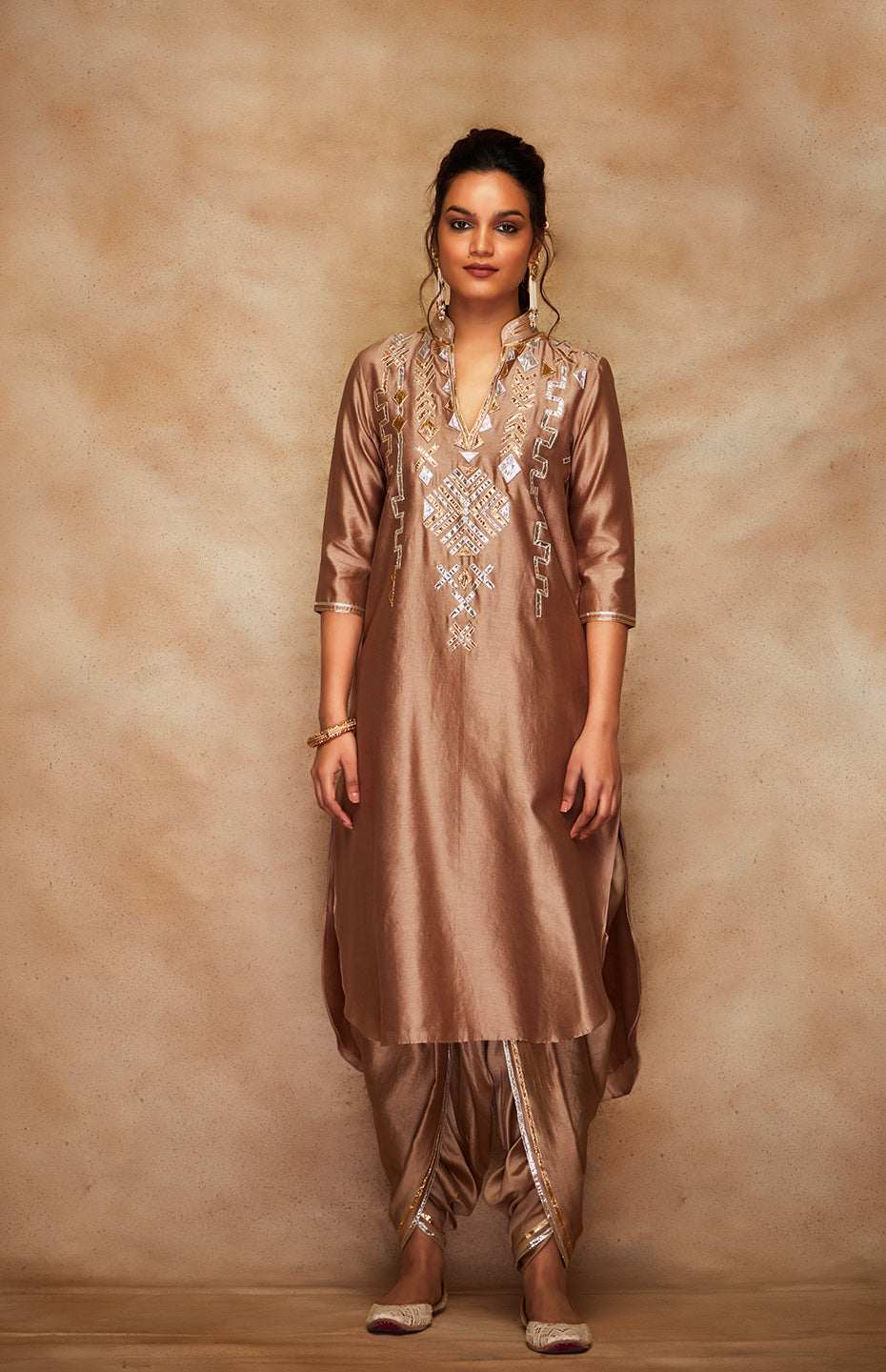 Antique Gold Chanderi Silk Gota A Line Kurta