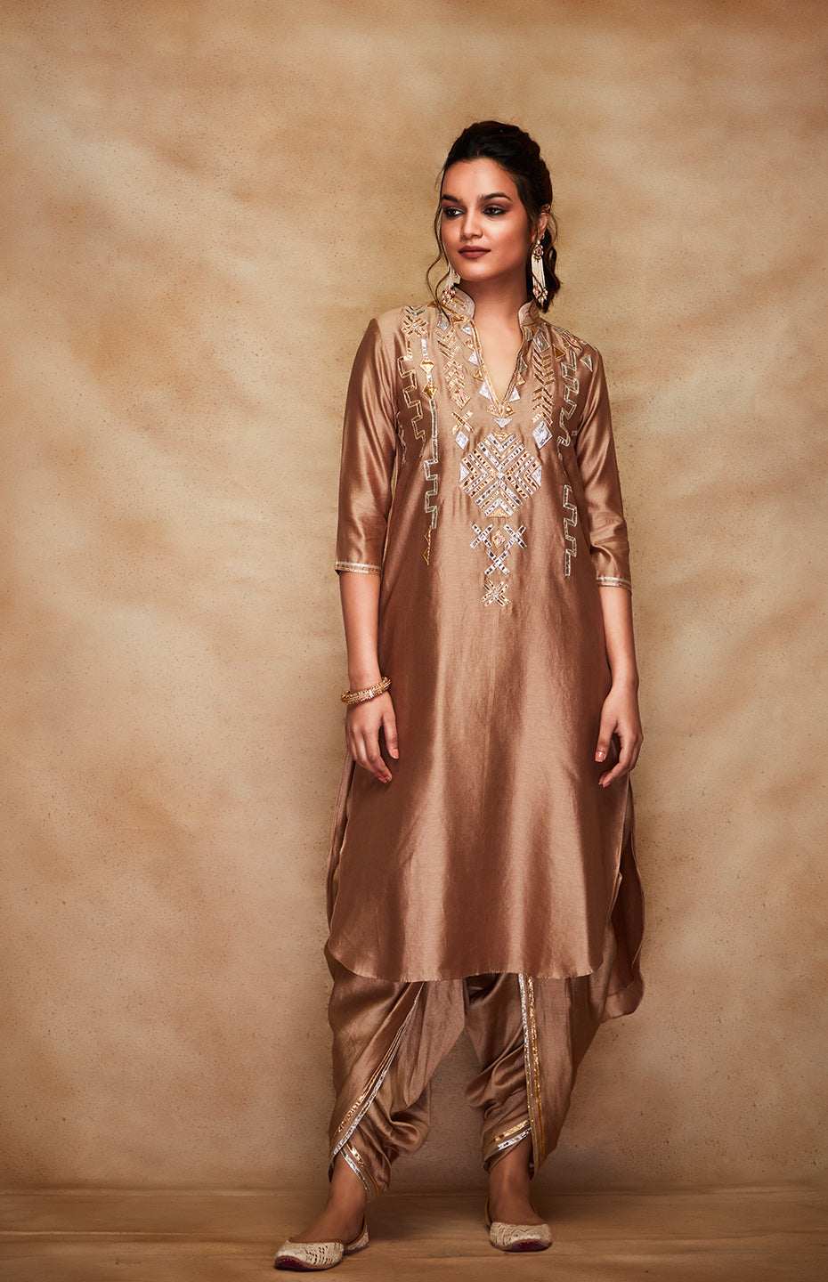 Antique Gold Chanderi Silk Gota A Line Kurta