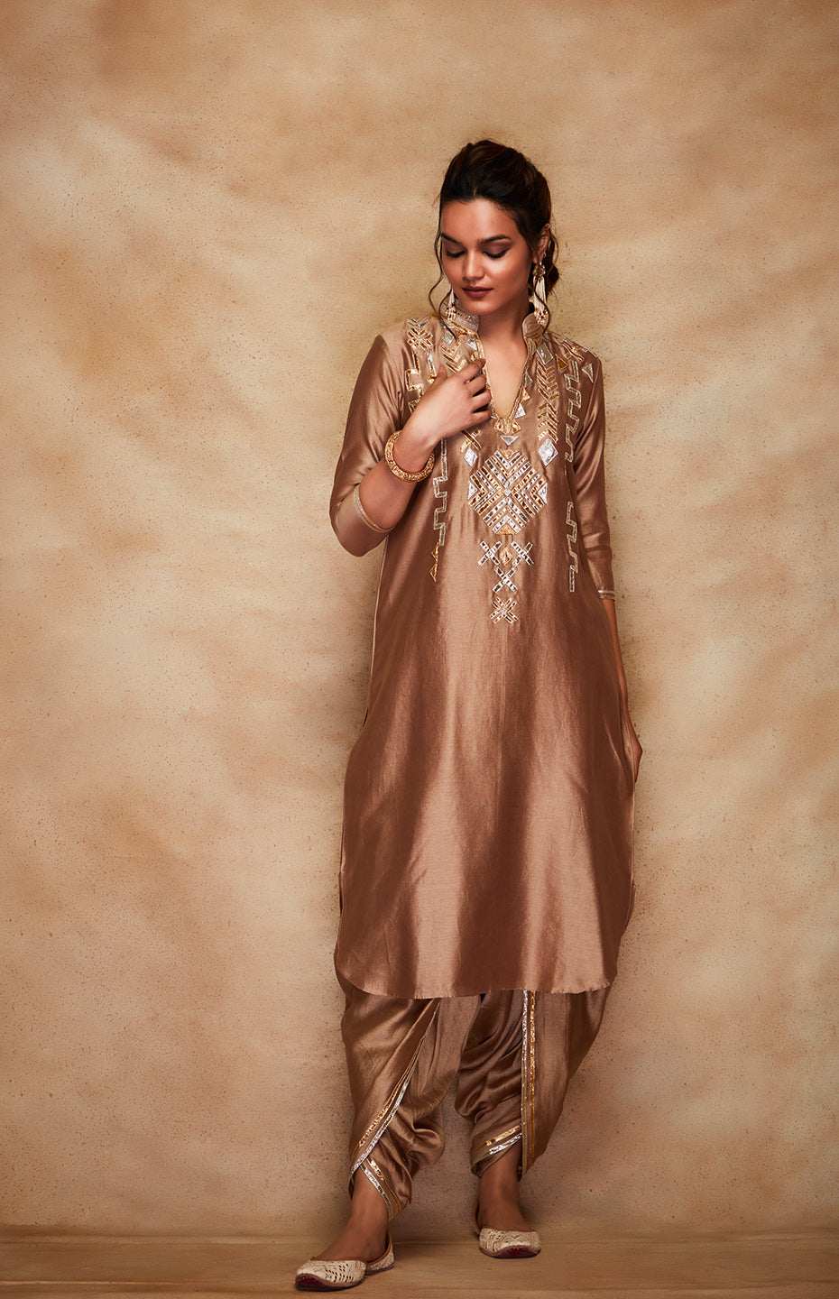 Antique Gold Chanderi Silk Gota A Line Kurta