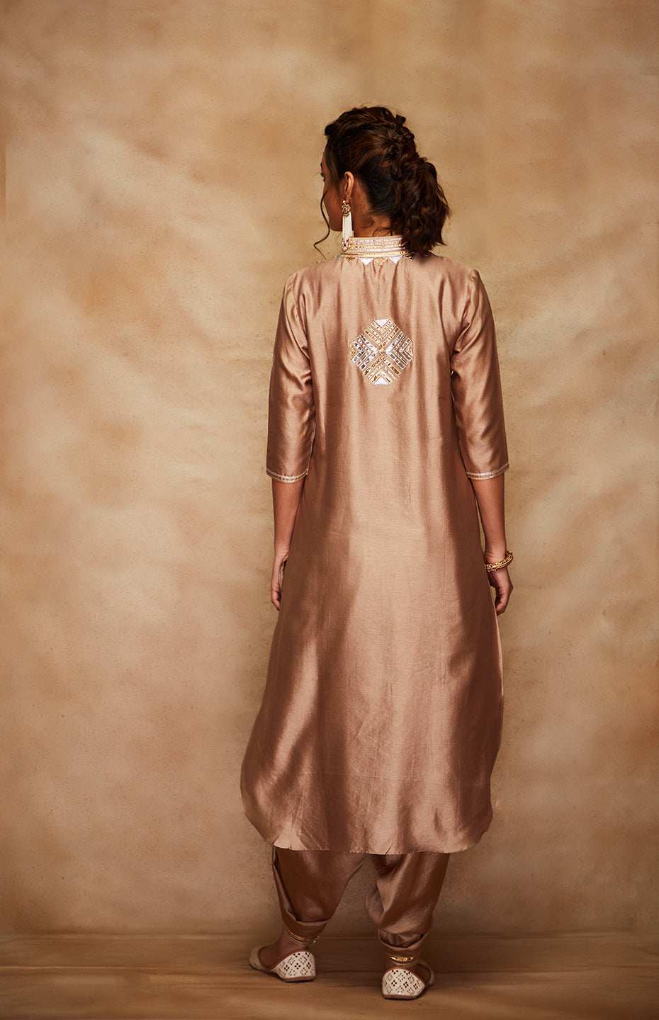 Antique Gold Chanderi Silk Gota A Line Kurta