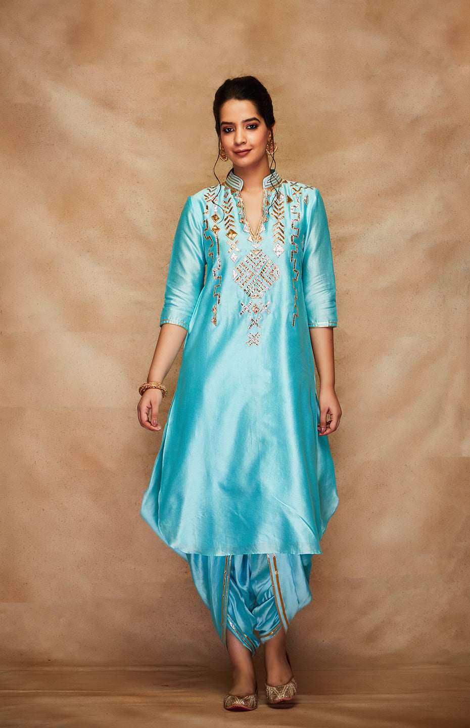 Blue Chanderi Silk Gota A Line Kurta