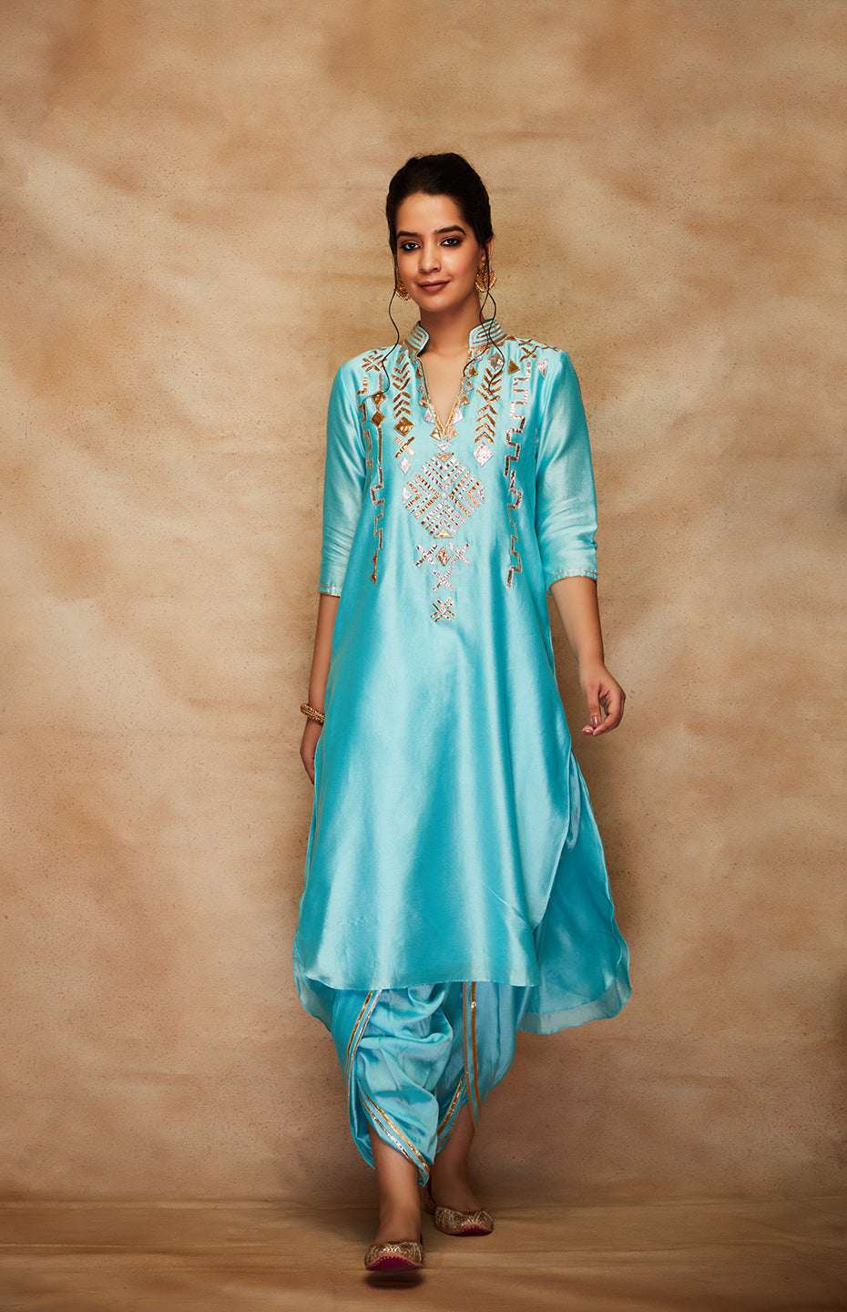 Blue Chanderi Silk Gota A Line Kurta