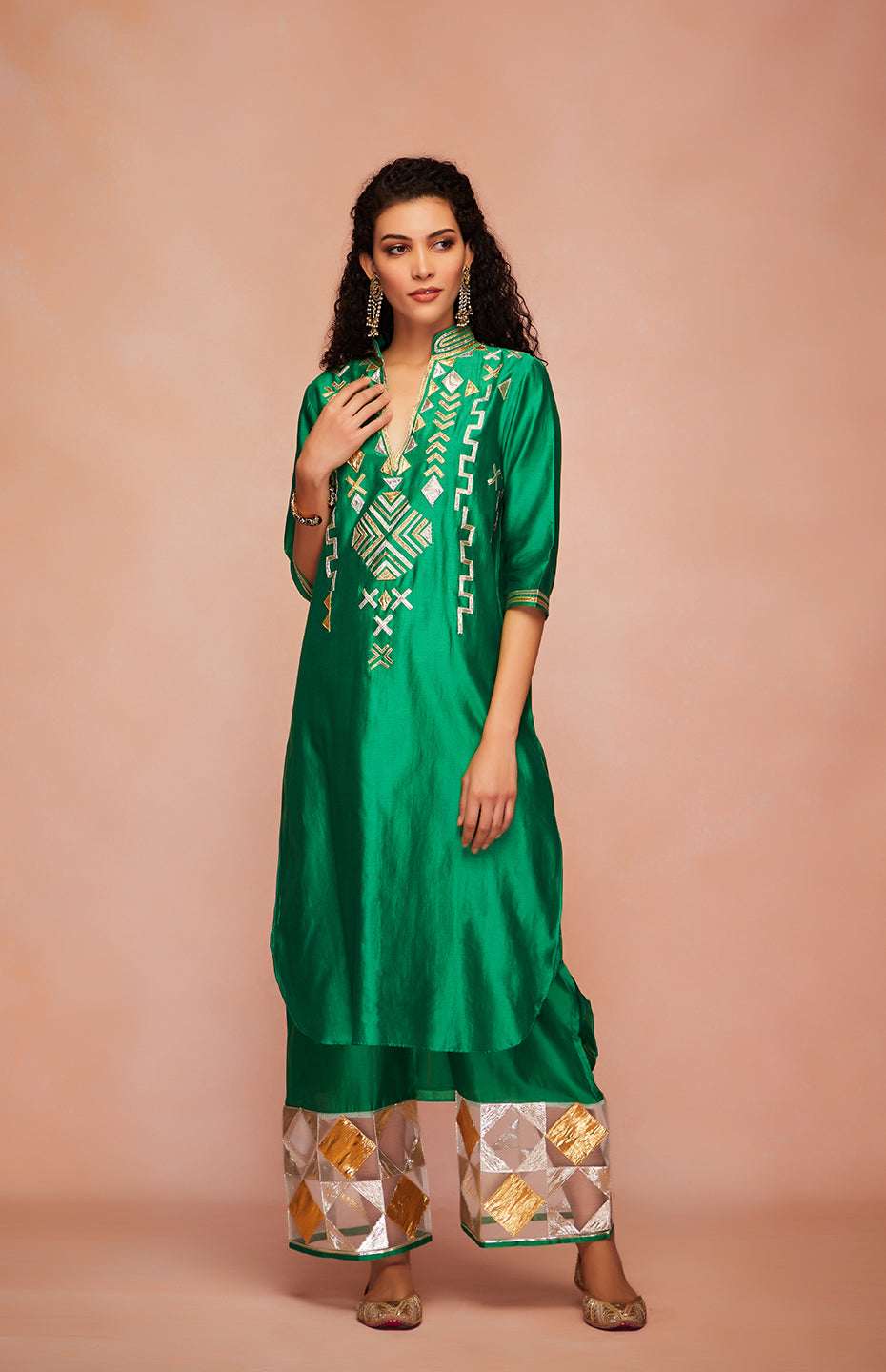 Green Chanderi Silk A Line Kurta