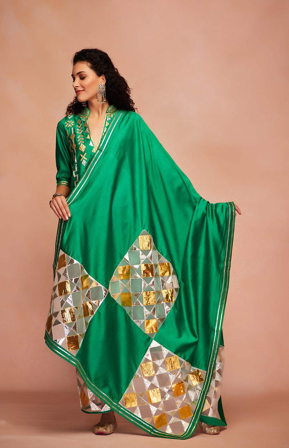 Green Chanderi Silk A Line Kurta