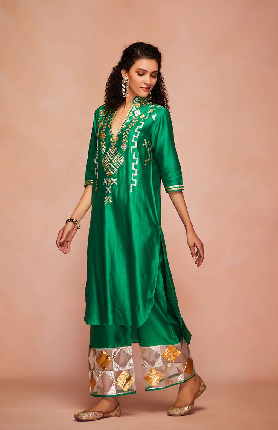 Green Chanderi Silk A Line Kurta