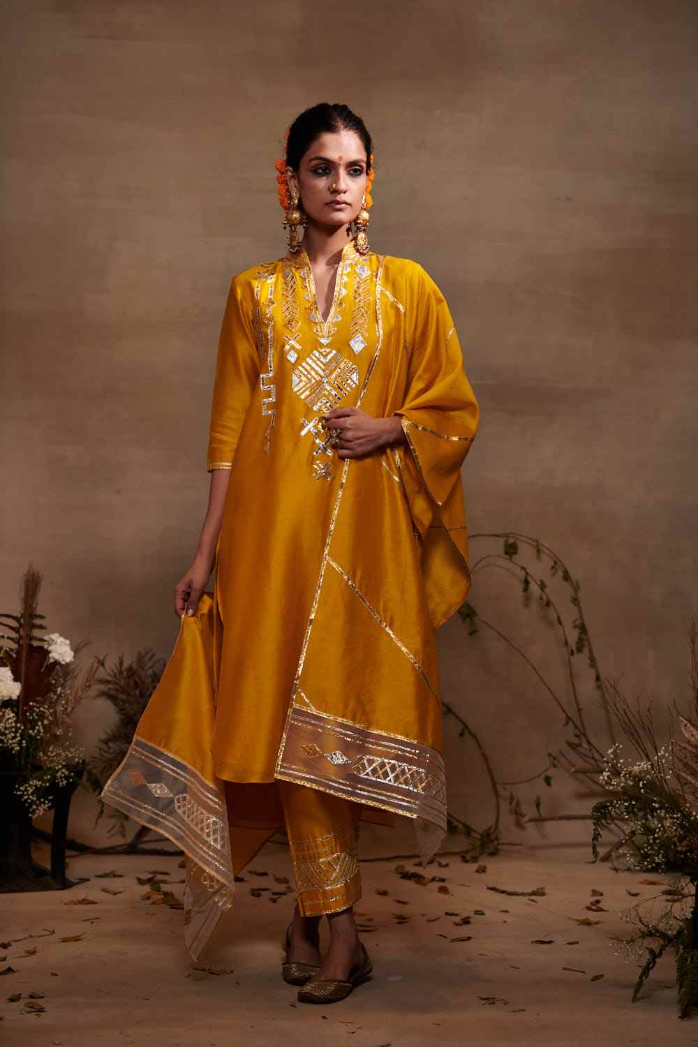 Mustard Chanderi Silk Gota A Line Kurta