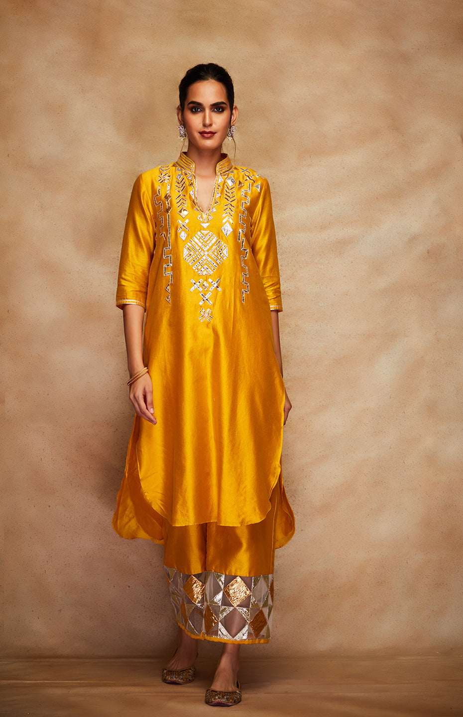Mustard Chanderi Silk Gota A Line Kurta