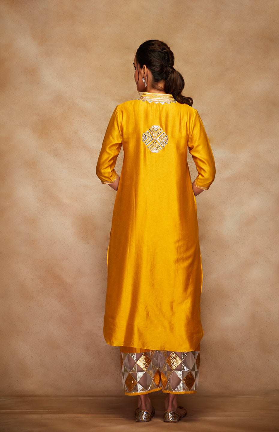 Mustard Chanderi Silk Gota A Line Kurta