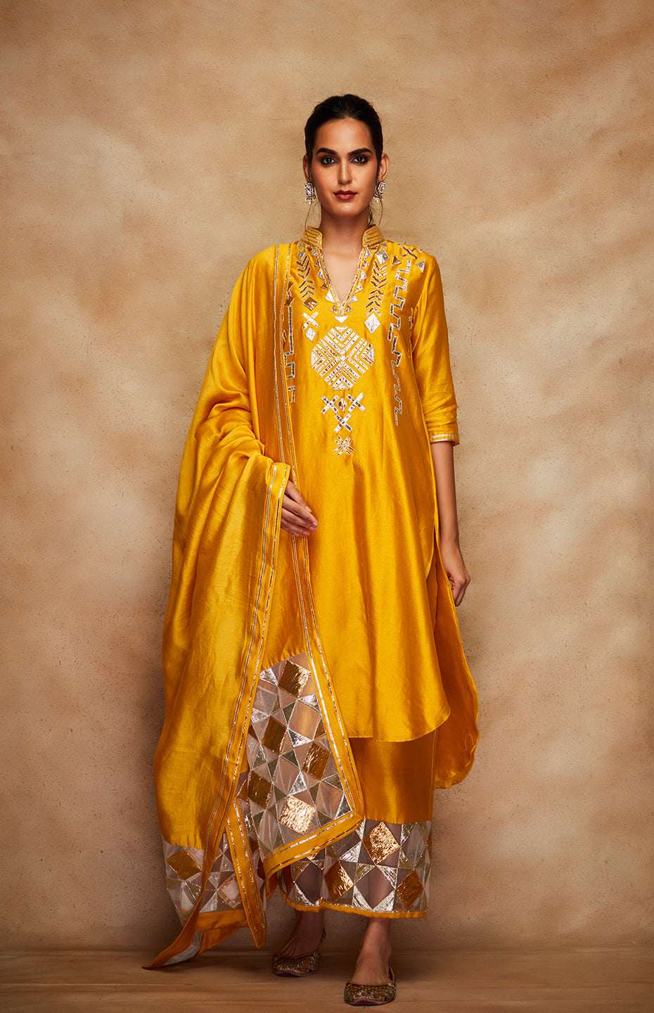 Mustard Chanderi Silk Gota A Line Kurta