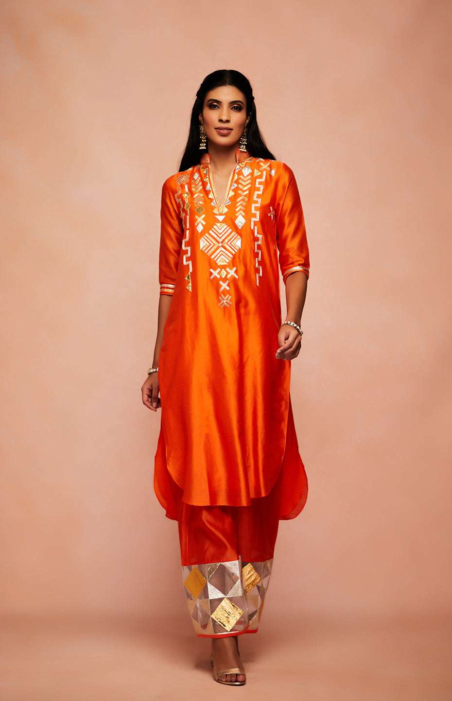 Orange Chanderi Silk A Line Kurta
