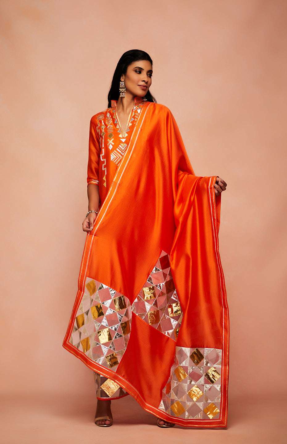 Orange Chanderi Silk A Line Kurta