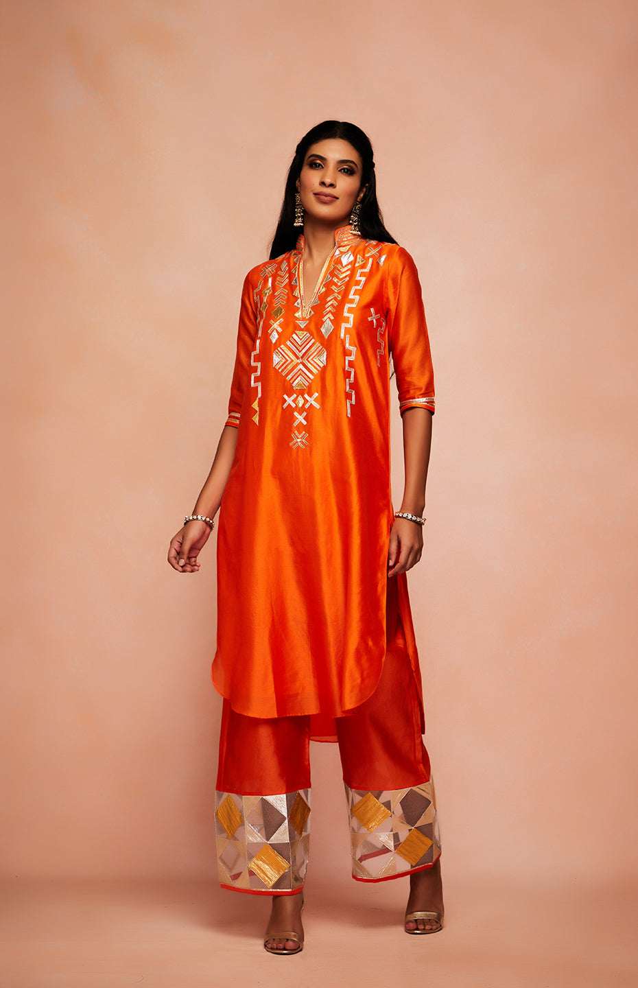 Orange Chanderi Silk A Line Kurta
