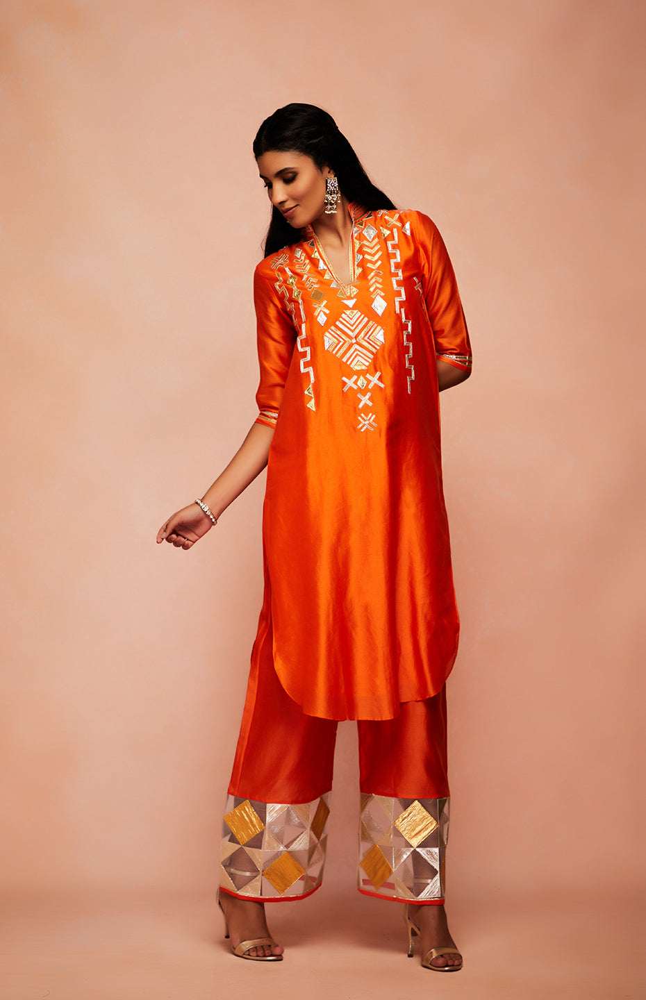 Orange Chanderi Silk A Line Kurta