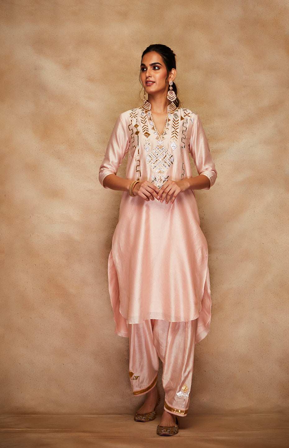 Peach Chanderi Silk A Line Kurta