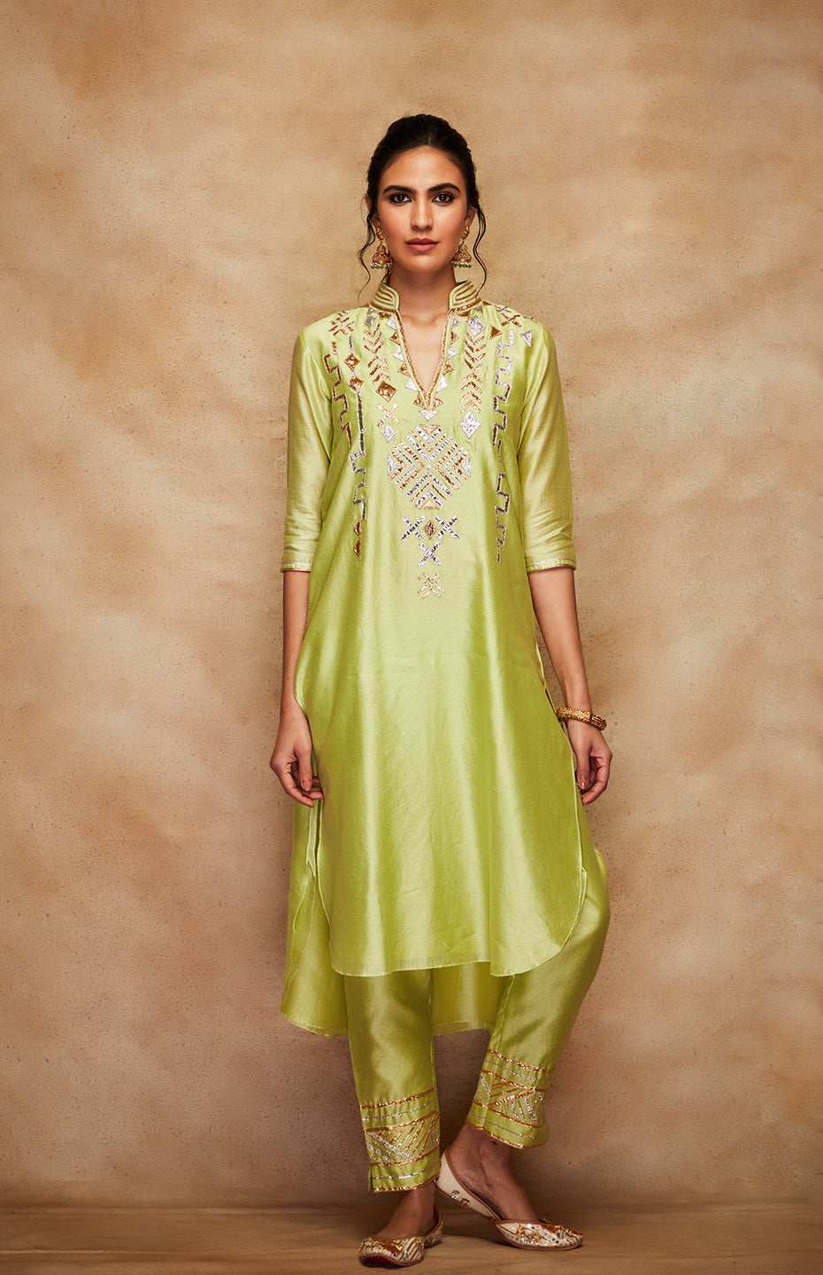 Pista Green Chanderi Silk Gota A Line Kurta